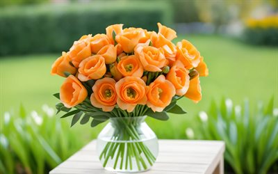 eustoma laranja, 4k, jardim, vaso de vidro, bokeh, buquê de eustoma, lindas flores, fundo com eustoma, flores laranja, eustoma