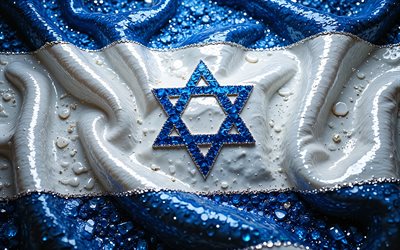 Israeli flag, 4K, gemstones, flag of Israel, crystals, shiny stones, Israel, creative art, blue gemstones, blue white crystals, Israel flag