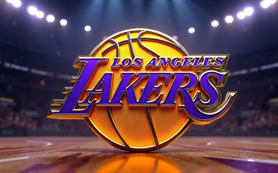 4k, los angeles lakers 3d logosu, sahne ışıkları, basketbol stadyumu arka planı, nba, yaratıcı, basketbol, los angeles lakers'ın logosu, los angeles lakers metal logosu, amerikan basketbol takımı, los angeles lakers, la lakers