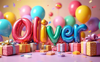 4k, 올리버, 다채로운 풍선 편지, 올리버 이름, 창의적인, 올리버 생일, 인기있는 미국 남자 이름, 화려한 배경, 올리버 생일 축하해, 올리버라는 이름의 사진