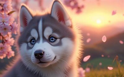 4k, filhote de husky siberiano, pôr do sol, primavera, flor de cerejeira, cães, animais fofos, cachorrinhos, animais de estimação, husky siberiano, bokeh, flores da primavera, cão husky siberiano