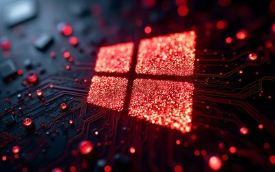 Windows 10 3D red logo, 4K, Windows 10 sign, Windows 10 glitter logo, Windows 10 logo, Windows 10 glowing red emblem, Windows 10, black technology background, Windows logo, Windows