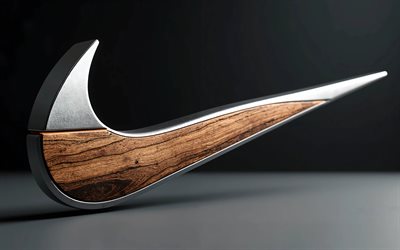 4k, logotipo de madeira e metal da nike, criativo, mínimo, fundo escuro, logotipo de dois materiais da nike, logotipo 3d da nike, marcas de moda, logotipo da nike, nike