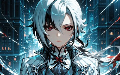4k, arlequim, noite, edifícios, impacto genshin, olhos vermelhos, personagens de anime, obra de arte, personagens do impacto genshin, arlequim genshin impact