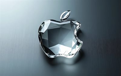 شعار أبل ثلاثي الأبعاد, 4k, خلفية رمادية أنيقة, شعار أبل الزجاجي ثلاثي الأبعاد, رمز التفاحة, علامة أبل, شعار أبل, تفاحة