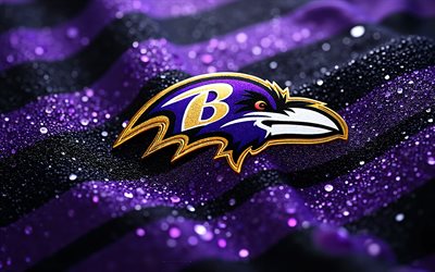 logo delle gemme dei baltimore ravens, 4k, sfondo di gemme viola, logo dei baltimora ravens, emblema dei baltimore ravens, usa, corvi di baltimora, football americano, nfl