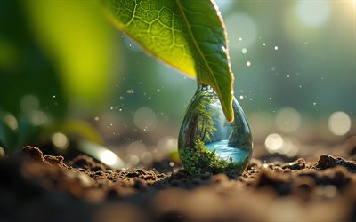 landschaft in einem wassertropfen, 4k, wasserkonzepte, wasser ist die quelle des lebens, wasser sparen, öko konzepte, wasser, wassertropfen, umfeld