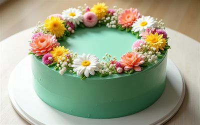 वसंत केक, 4k, वसंत के फूलों से सजाया गया हरा केक, वसंत केक विचार, मिठाई, पकाना, केक के फूल