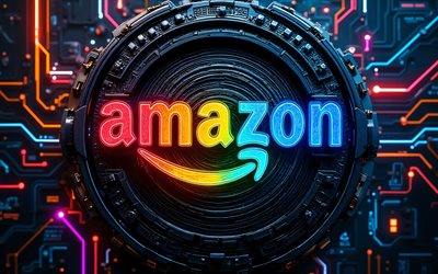 logotipo abstrato da amazon, 4k, fundo escuro de alta tecnologia, luzes de néon coloridas, condutores, microcircuito, comércio eletrônico, logotipo 3d da amazon, marcas, logotipo colorido da amazon, obra de arte, logotipo da amazon, amazônia