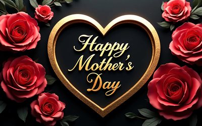 해피 어머니의 날, 4k, 황금빛 심장, 인사말 카드, 검정색 배경, 해피 어머니의 날 개념, 빨간 장미, 붓글씨 편지, 해피 어머니의 날 비문
