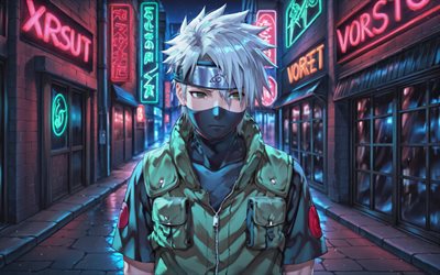 4k, kakashi hatake, noite, rua, naruto, sharingan, obra de arte, hatake kakashi, mangá, personagens de naruto, kakashi hatakenaruto