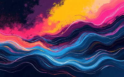 4k, ondas abstratas coloridas, arte grunge, abstrações escuras, curvas abstratas, criativo, abstração colorida, fundo ondulado abstrato, ondas abstratas, fundos abstratos
