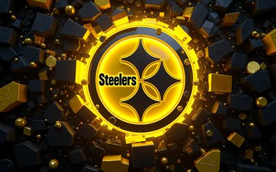 4k, 피츠버그 스틸러스 빛나는 로고, 검정색 노란색 3d 배경, nfl, 미식 축구, 피츠버그 스틸러스 로고, 피츠버그 스틸러스 3d 로고, 미식축구팀, 피츠버그 스틸러스