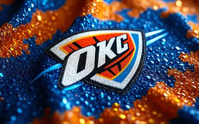 oklahoma city thunder'ın değerli taş logosu, 4k, mavi turuncu taşlar arka plan, nba, oklahoma city thunder'ın logosu, oklahoma city thunder amblemi, amerika, oklahoma city thunder, basketbol