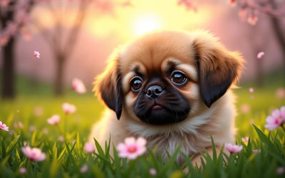 4k, filhote de cachorro pequinês, pôr do sol, primavera, flor de cerejeira, cães, animais fofos, cachorrinhos, pequinês, animais de estimação, bokeh, flores da primavera, cachorro pequinês