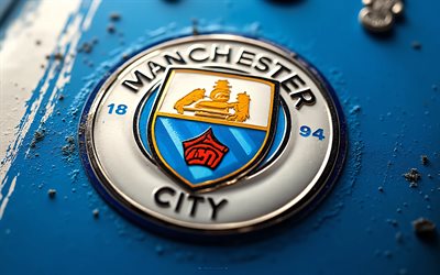 マンチェスターシティfcのメタルロゴ, 4k, 青い金属の背景, マンシティ, マンチェスターシティのロゴ, グランジアート, マンシティのロゴ, マンチェスターシティfcのロゴ, マンチェスター・シティfcのエンブレム, イングランド, マンチェスター・シティfc