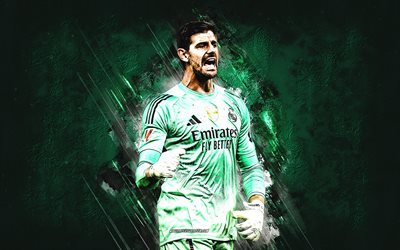 티보 쿠르투아, 레알 마드리드 cf, 골키퍼, 녹색 돌 배경, 레알 마드리드 골키퍼, 그런지 예술, 축구, 벨기에 축구 선수, 레알 마드리드, 라 리가, 티보 니콜라스 마크 쿠르투아, 라리가, 티보 쿠르투아 레알 마드리드