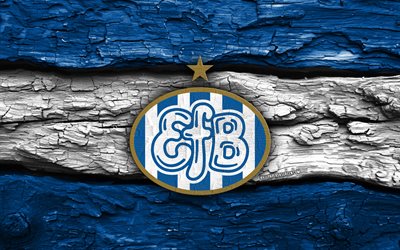 esbjerg fb 나무 로고, 4k, 파란색 흰색 나무 배경, 덴마크 1부 리그, 축구, 에스비에르 fb 로고, 에스비에르 fb 엠블럼, 에스비에르 fb, 덴마크 축구 클럽, 에스비에르 fc