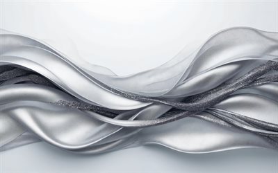 ondas prateadas em fundo branco, 4k, fundo de ondas 3d, fundo de ondas prateadas, fundo de ondas de fios de prata