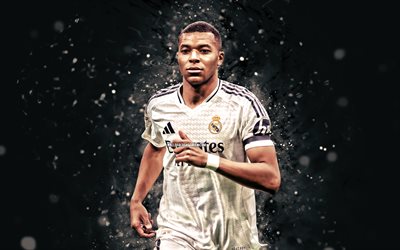 4k, 킬리안 음바페, 검은 추상 배경, 레알 마드리드, 라 리가, 프랑스 축구 선수, 킬리안 음바페 4k, 축구, 레알 마드리드 fc, 흰색 네온 불빛, 라리가, 레알 마드리드 cf, 킬리안 음바페 레알 마드리드