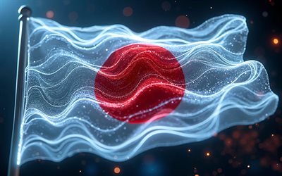 علم اليابان متوهج, 4k, الفن الرقمي, خلفية مجردة داكنة, علم اليابان على سارية العلم, أشعة النيون, علم اليابان, العلم الياباني, آسيا, موجات النسيج علم اليابان, علم اليابان ثلاثي الأبعاد, اليابان