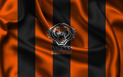 4k, wests tigers logo, australisches rugby team, nrl, orange schwarzer seidenstoff, nationale rugby liga, wests tigers emblem, wests tigers, australien, rugby, unterschreiben der wests tigers