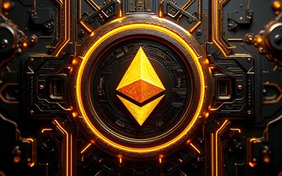 4k, ethereum 3d logosu, karanlık yüksek teknoloji arka planı, altın neon ışıkları, iletkenler, mikrodevre, kripto para birimleri, markalar, ethereum altın logosu, blok zinciri, ethereum logosu, ethereum