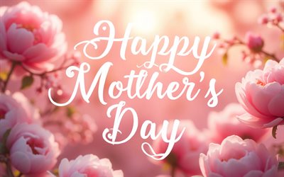 해피 어머니의 날, 4k, 분홍색 배경, 분홍색 눈부심, 인사말 카드, 해피 어머니의 날 개념, 핑크 장미, 붓글씨 편지, 해피 어머니의 날 비문