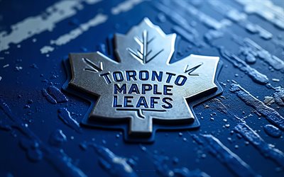 شعار تورونتو مابل ليفز المعدني, 4k, خلفية معدنية زرقاء, nhl, شعار تورونتو مابل ليفز, الولايات المتحدة الأمريكية, تورونتو مابل ليفز, الهوكي
