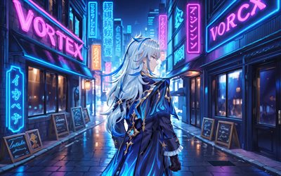 4k, neuvillette, rua, vista traseira, violoncelo, impacto genshin, violinista, personagens de anime, obra de arte, personagens do impacto genshin, impacto neuvillette genshin