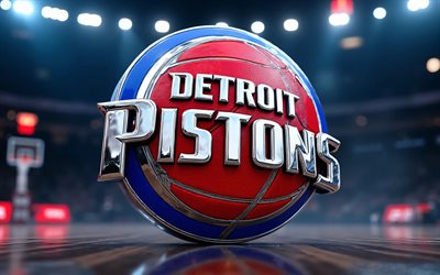 4k, logotipo 3d do detroit pistons, holofotes, fundo do estádio de basquete, nba, criativo, basquetebol, logotipo do detroit pistons, logotipo metálico do detroit pistons, time de basquete americano, pistões detroit