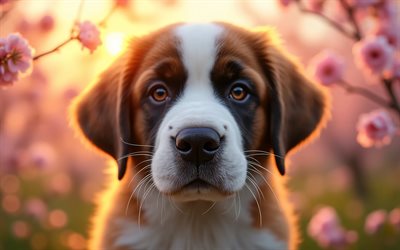 4k, filhote de são bernardo, pôr do sol, primavera, flor de cerejeira, cães, animais fofos, cachorrinhos, animais de estimação, são bernardo, bokeh, flores da primavera, cão são bernardo