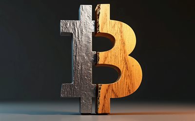 logotipo de metal de madeira bitcoin, 4k, mínimo, fundo escuro, criptomoedas, criativo, logotipo bitcoin de dois materiais, logotipo bitcoin 3d, blockchain, logotipo bitcoin, bitcoin