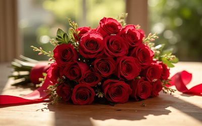 bouquet de mariage de roses rouges, 4k, modèle de mariage, bouquet de mariée, roses rouges, bouquet de mariage rouge, idées de mariage, bouquet de roses, mariage, roses