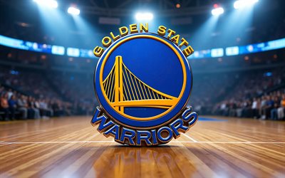 4k, logotipo 3d do golden state warriors, holofotes, fundo do estádio de basquete, nba, criativo, basquetebol, logotipo do golden state warriors, logotipo metálico do golden state warriors, time de basquete americano, guerreiros do golden state