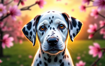 4k, filhote de dálmata, pôr do sol, primavera, flor de cerejeira, cães, animais fofos, cachorrinhos, animais de estimação, dálmata, bokeh, flores da primavera, cachorro dálmata