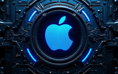 logotipo 3d da apple, 4k, fundo escuro de alta tecnologia, brilho azul, condutores, marcas de eletrônicos, logotipo azul da maçã, logotipo da apple no microcircuito, marcas, logotipo brilhante da apple, obra de arte, logotipo da maçã, maçã