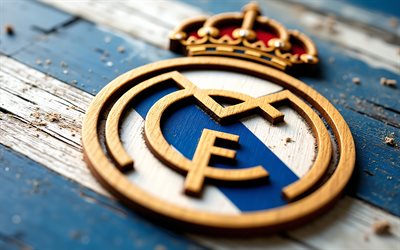 레알 마드리드 나무 로고, 흰색 파란색 나무 배경, 레알 마드리드 엠블럼, 레알 마드리드 로고, 레알 마드리드 사인, 라 리가, 스페인, 축구, 레알 마드리드, 레알 마드리드 cf 로고, 레알 마드리드 cf
