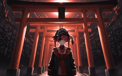 हौशौ समुद्री, 4k, रात, तोरी द्वार, आभासी यूट्यूबर, वीट्यूबर, लाल आँखों वाली लड़की, होलोलिव, तोरी, मंगा, हाउशौ समुद्री चैनल, हौशौ मरीन वर्चुअल यूट्यूबर