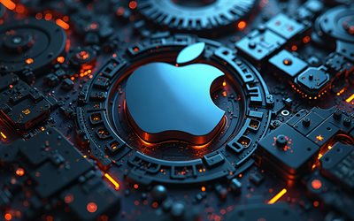 Apple metal logo, 4k, creative, darkness, metal backgrounds, brands, Apple 3D logo, orange neon lights, artwork, Apple logo, Apple