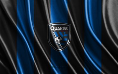 4k, San Jose Earthquakes logo, MLS, blue black silk texture, San Jose Earthquakes flag, American soccer team, soccer, silk flag, San Jose Earthquakes emblem, USA, San Jose Earthquakes