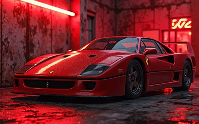 フェラーリf40, 4k, 雨, ガレージ, グランジアート, クリエイティブ, スーパーカー, レッドフェラーリf40, 3dアート, イタリアの車, フェラーリ