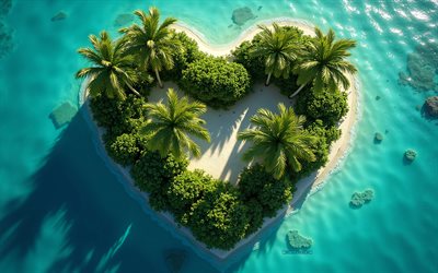 4k, tropisk ö formad som hjärta, palmträd, toppvy, tropisk ö, hav, hjärtans ö, sommar, romantisk sommarresor