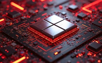 windows 11 logo, 4k, chip auf motherboard, rote neonlichter, windows 11 3d  logo, windows 11 emblem, technologiekunst, windows  logo, fenster