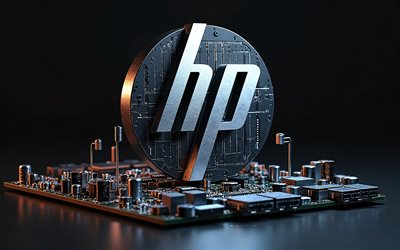 Hewlett-Packard 3d logo, motherboard, HP logo, black background, Hewlett-Packard emblem, microcircuit, Hewlett-Packard, HP