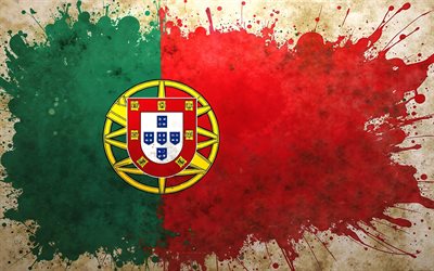 Portugal flag, 4k, grunge art, Portugal flag paint splashes, Portugal grunge flag, flag of Portugal, Portuguese flag