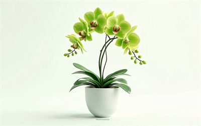 grüne 3d  orchideen, vase mit grünen orchideen, 3d  kunst, orchideen, grüne orchideen, tropenblüten, hintergrund mit grünen orchideen, grüne blüten