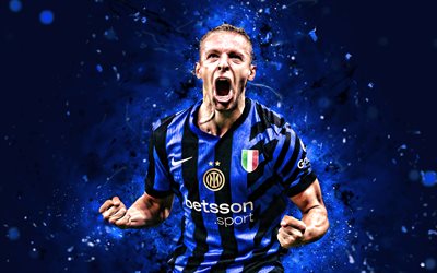davide frattesi, 4k, neşe, inter milan fc, serie a, italyan futbolcular, davide frattesi 4k, mavi neon işıklar, futbol, internazionale, iç içe, davide frattesi inter milan