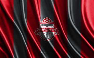 4k, logotipo de toronto fc, mls, textura de seda negra roja, bandera de toronto fc, equipo de fútbol canadiense, fútbol, bandera de seda, toronto fc emblema, eeuu, insignia de toronto fc, toronto fc