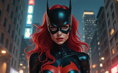 4k, batwoman, super héros, art des bandes dessinées, bandes dessinées dc, batwoman chibi, paysage nocturne, art 3d, katherine kane, batwoman 3d, kate kane, fan art, batwoman 4k